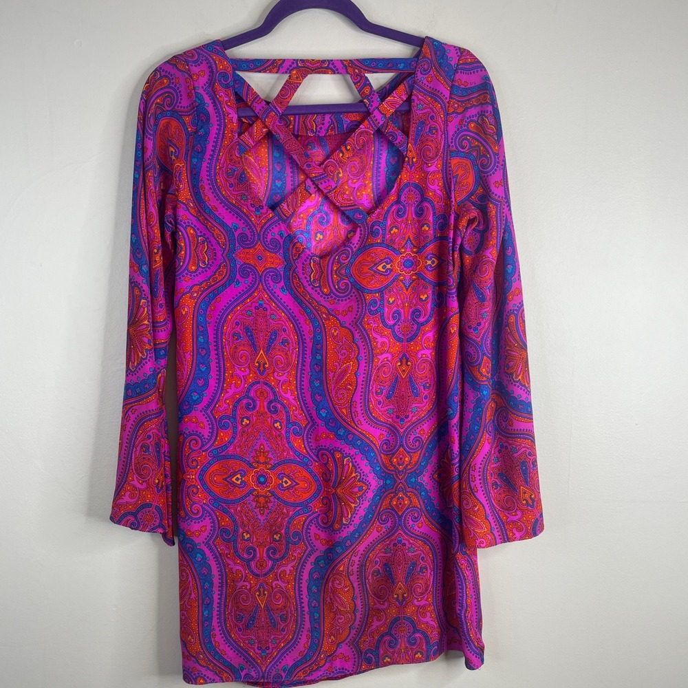 Alice & Trixie Mod Silk Mini Dress Womens Medium Cut Out Flare Sleeve 60s Vibe